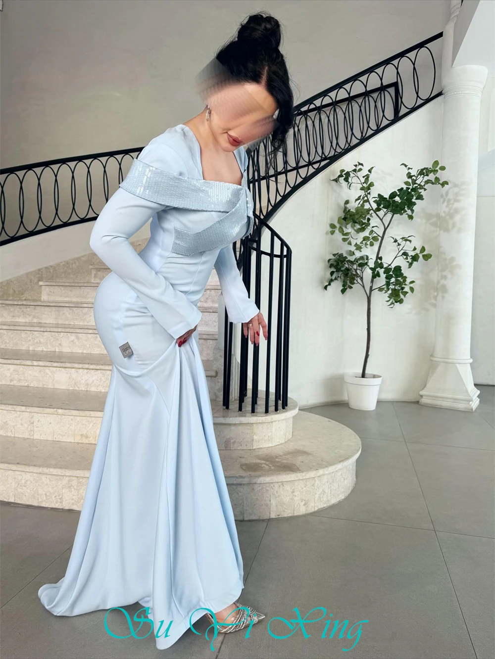 Customized Sexy Blue Jersey Evening Dress Classic Square Collar Long Sleeves Party Dress Sexy Mermaid Sweep Train Cocktail Dress