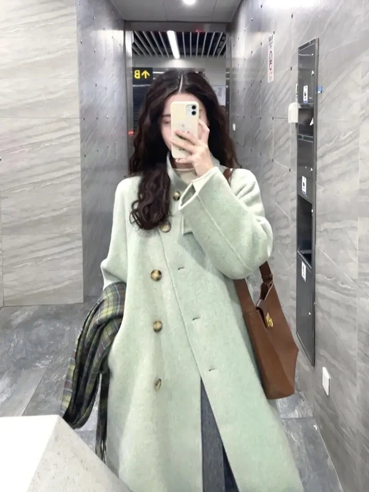 

Корейское свободное шерстяное пальто с воротником-стойкой на одной пуговице, женское зимнее новое шерстяное пальто средней длины 2025, повседневное шерстяное пальто для поездок на работу