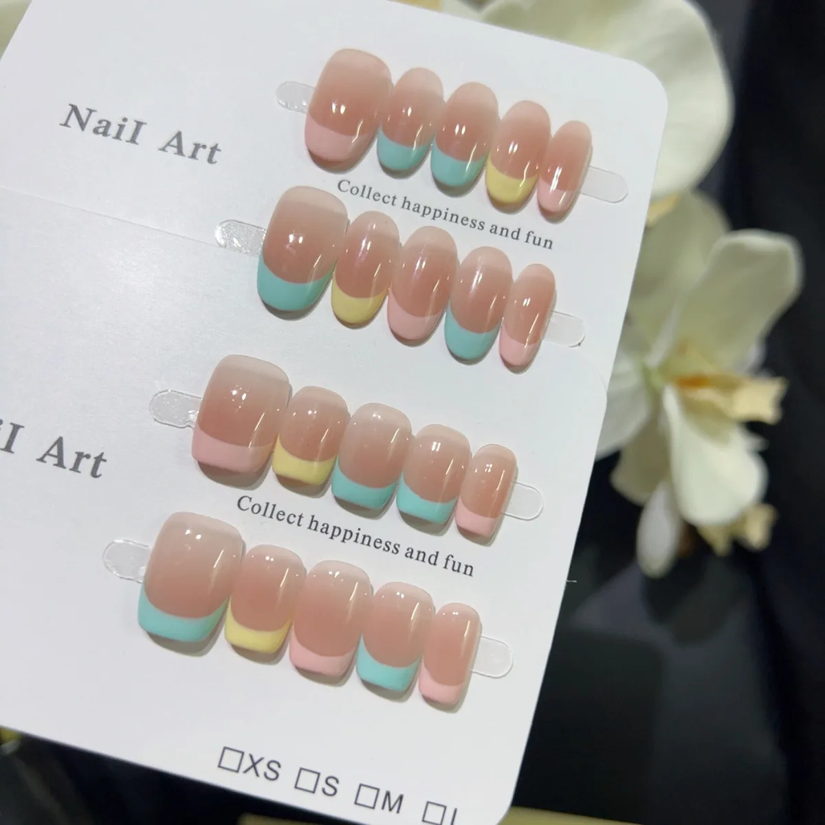 10 قطعة اليدوية قصيرة عارية اللون اضغط على الأظافر النمط الفرنسي حافة ملونة تصميم الحلو لطيف الأظافر وهمية يمكن ارتداؤها أظافر صناعية نصائح #5