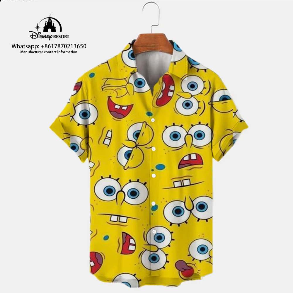 Camisa de manga curta de Bob Esponja masculina, top versátil, lapela, rua Harajuku, tendência casual na moda, verão, novo, 2024