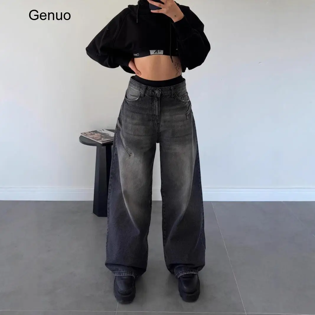 2026 Gradient Washed Baggy Wide Leg Denim Jeans Vintage Faded Floor Length Loose Jean Trousers