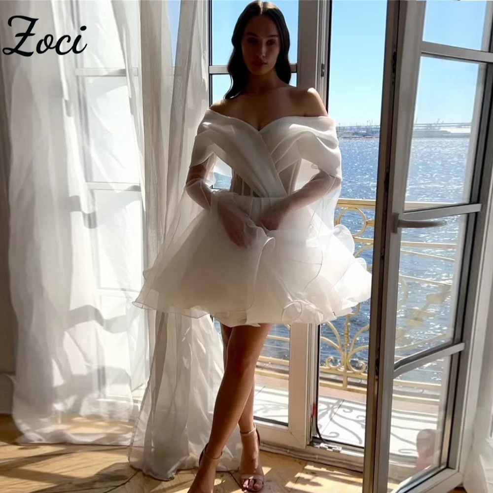 Zoci moderno fora do ombro vestidos de casamento curtos organza manga longa vestido de noiva personalizado sem costas acima do joelho vestido de festa de casamento