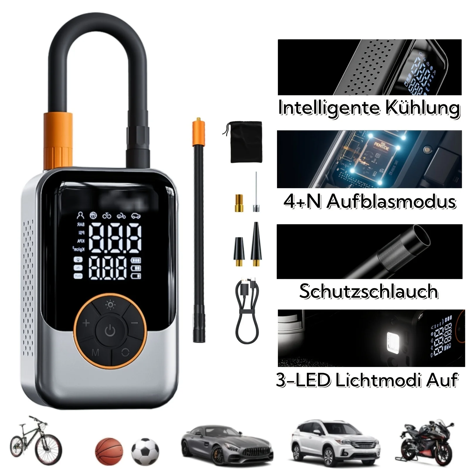 Tragbarer Luftkompressor, elektrische Luftpumpe für Autoreifen, mit Manometer und LED-Licht, kabellose intelligente Pumpe für Auto/Motorrad/Fahrrad/Roller/Ball/aufblasbare Gegenstände