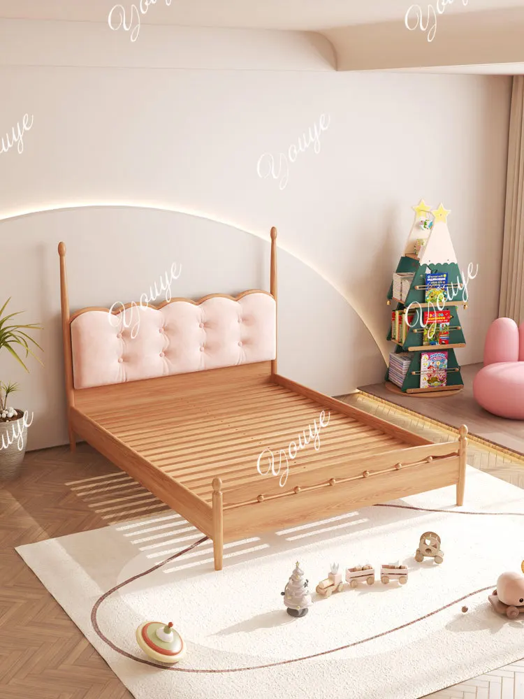 Biscuit bed Red oak solid wood children's bed Nordic velvet fabric soft bag children's bed Teen bedroom