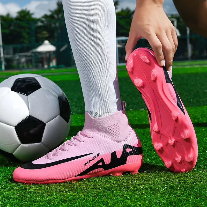 

Professional Football Shoes Men Women Pink High Top Original Teenager Soccer Boots Turf Outdoor Training Soccer Sneake 35-45#
