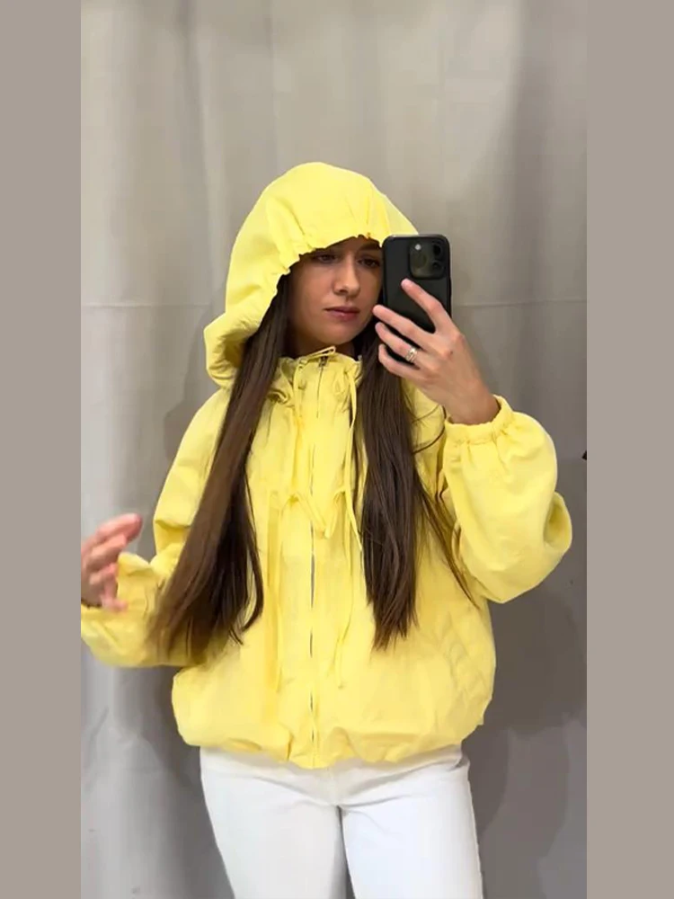 Reißverschluss-Mantel mit langen Ärmeln und Schleifenkappe für Damen, Streetwear mit Laternenärmeln, Schnürung, einfarbig, locker sitzender Mantel, modische Damen-Oberbekleidung, neu – Detail 8
