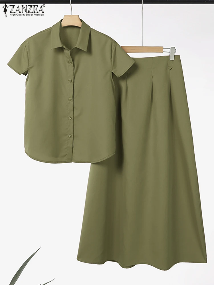 

Элегантные летние комплекты платьев ZANZEA, женские однотонные рабочие OL Oufits, блузка с короткими рукавами, юбка, костюм, модные одинаковые комплекты, оверсайз 2025