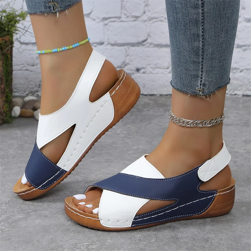 Mix Color Wedge Sandals for Women Summer 2024 Comfortable Non Slip Beach Shoes Woman PU Leather Platform Roman Sandalias Mujer