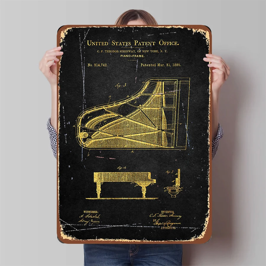 Marco de Piano Steinway dorado Vintage, dibujo de patente, estilo Industrial, Bar en casa, estudio, cartel de Metal