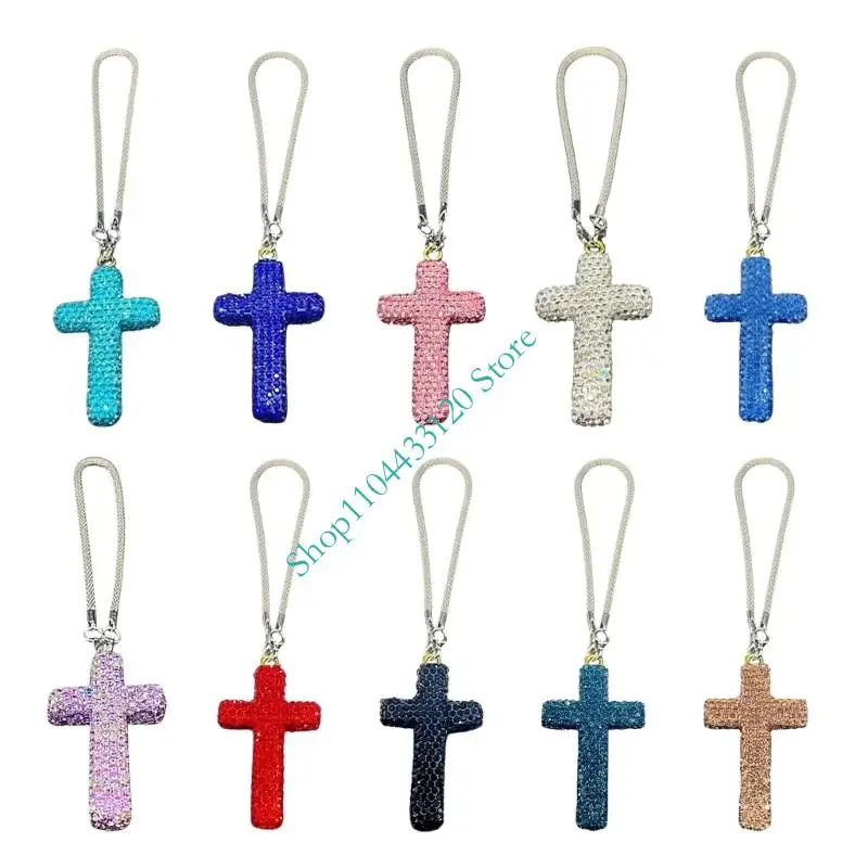Elegant Rhinestones Crucifix Car Rearview Mirror Ornament Make Of Clay For Vehicle Interior Decoration Hanging Pendant
