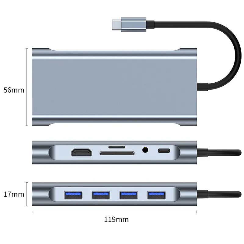11 in 1 USB C ฮับแยกประเภท C เป็น4K ธันเดอร์โบลท์3 Docking สเตชันแล็ปท็อป PD 87W HDMI-compat Splitter สำหรับ MacBook Pro