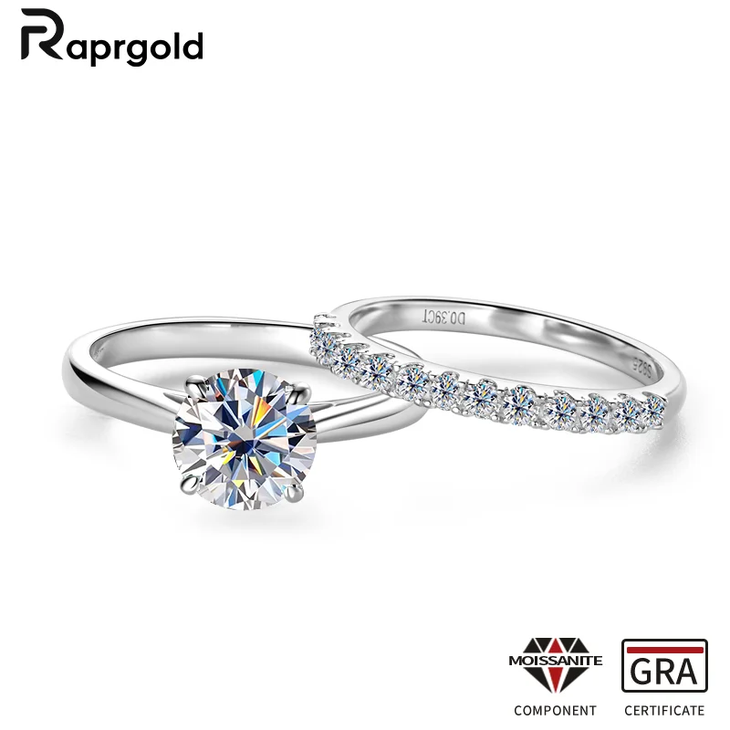 RAPRGOLD Certified Round Moissanite Wedding Ring Set for Women 925 Sterling Silver Engagement Rings Jewelry Gifts Eternity Bands