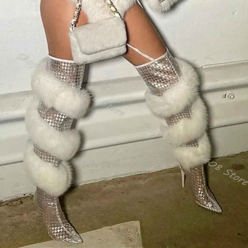 

White Fur Twine Decor Stiletto Boots Patchwork Design Pointed Toe Solid Shoes Stylish Party Over Knee Boots Zapatos Para Mujere