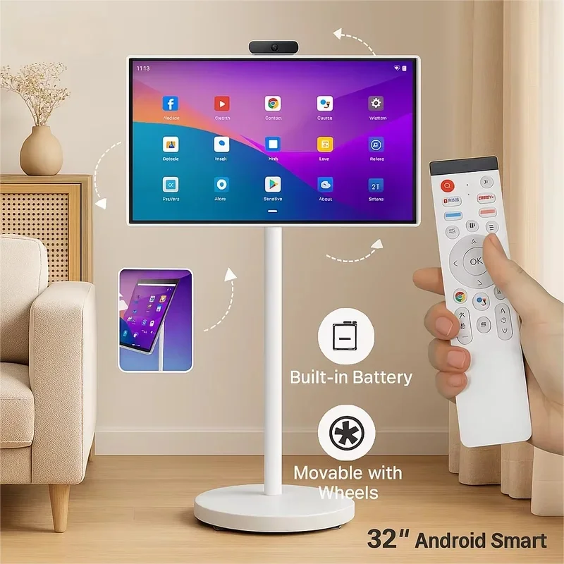 32 Android 15 Floor Stand TV, 6G+128G Smart Screen with Remote Controller, 2K Camera Video Call, Inbuit 148WH Battery Power