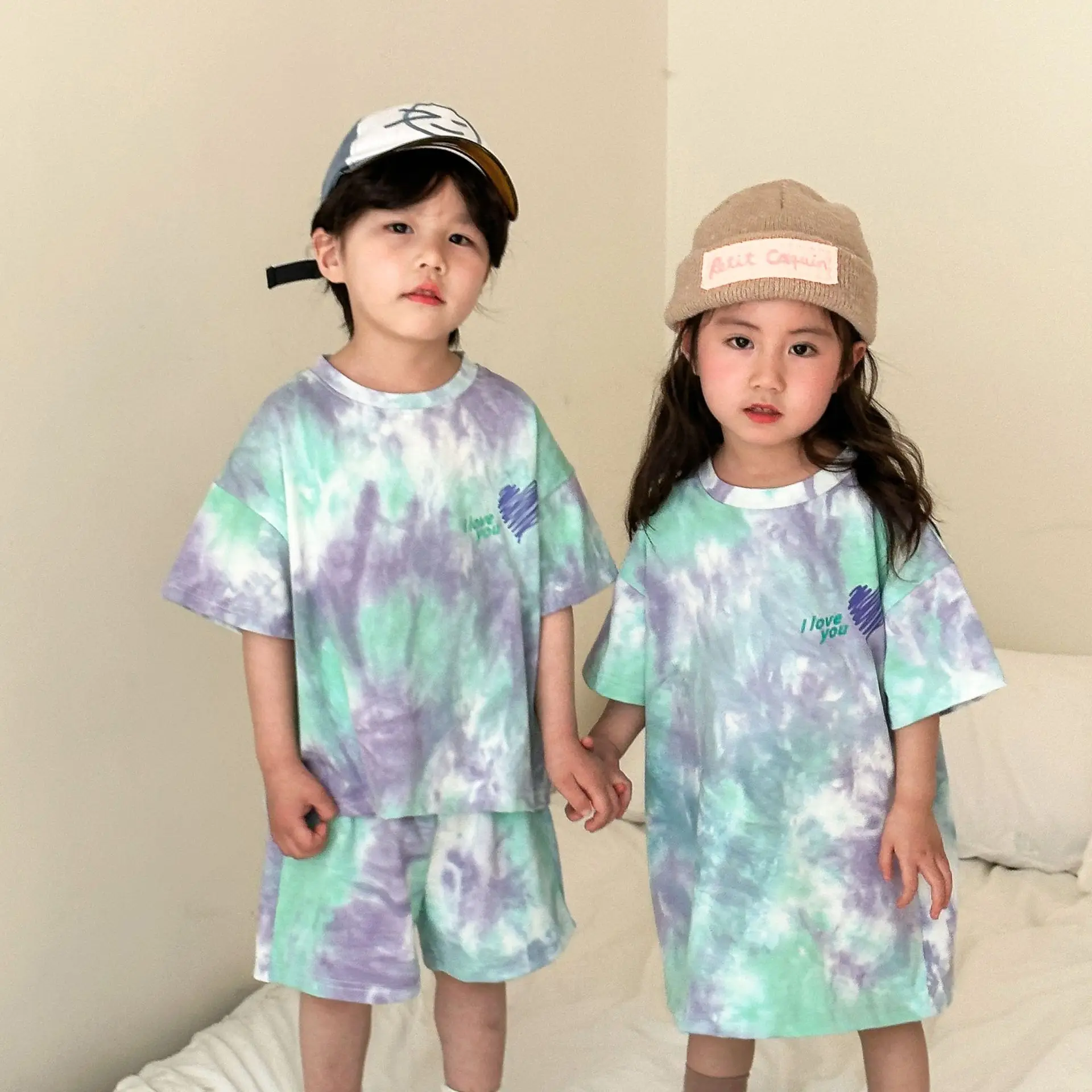 Fashion Sister and Brother Matching Tie-dye Clothes 2024 Summer Children Boy Kids T Shirts Shorts Two Piece Sets Baby Girl Dress