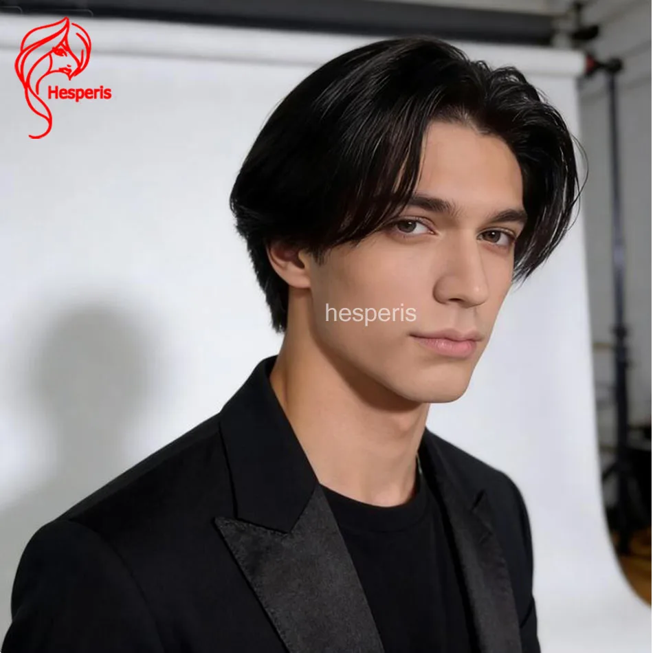 Hesperis Brazilian Remy Men's Wigs Pre-Plucked Middle Part Shaved Cut Short Full Lace Human Hair Wig for Boys