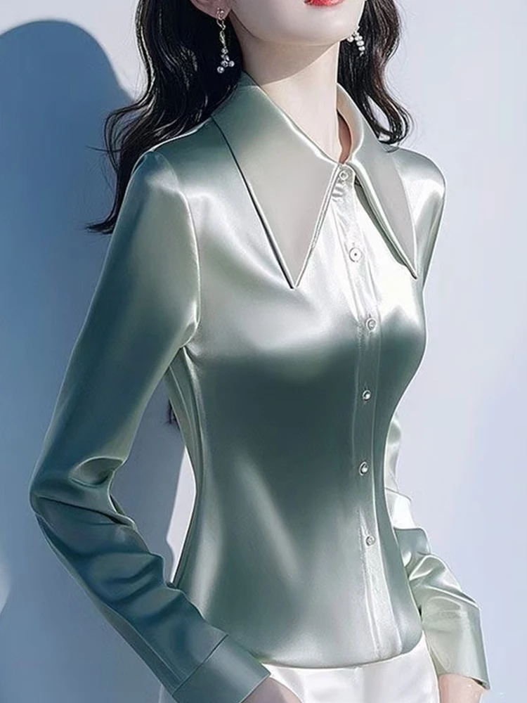 

Новые блузки женские OL офисные женские рубашки с длинным рукавом из атласной отделки элегантная рубашка на пуговицах однотонная блузка корейский топ