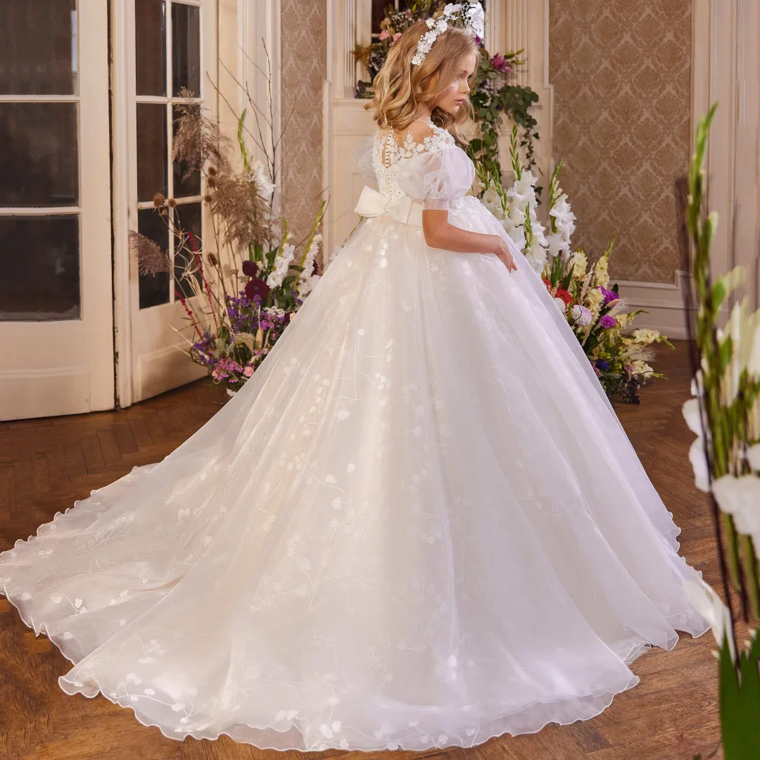 

Snvdzo Customized Flower Girl Dress Floral Appliques Pattern With Bow Short Sleeve For Wedding Birthday Party Banquet Prom Gown