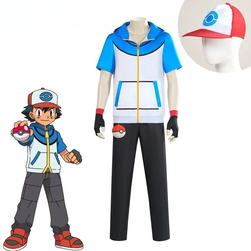 ポケモンサトシコスプレ衣装大人子供アニメトレーナーコスプレフード付きジッパージャケットセットパーティーカーニバルロールプレイ衣装