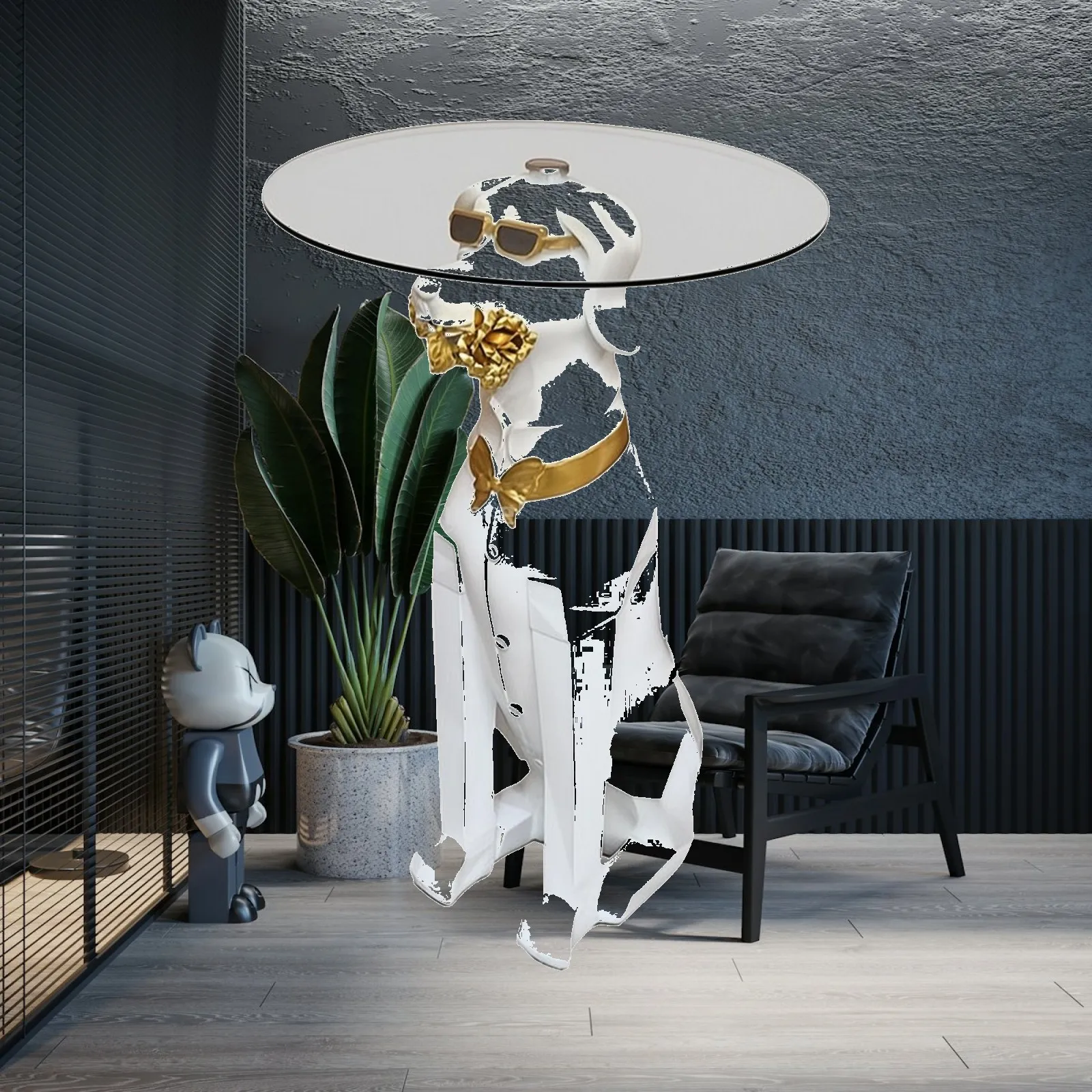Doberman-Shaped Side Table Nordic-Inspired Dog Side Table with Glass Tray Resin Dog Statue with Tray Sculptural Furniture