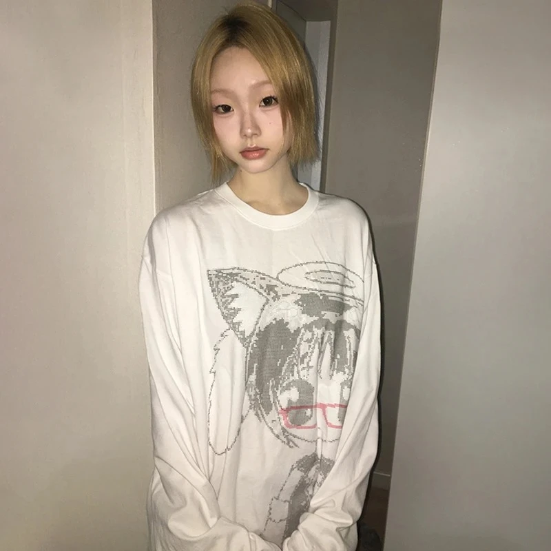 

Футболка с принтом в стиле японского аниме Y2K, корейский стиль 2000-х годов, с длинным рукавом, винтажная, в стиле Харадзюку, кавайная, белая, в стиле 00-х