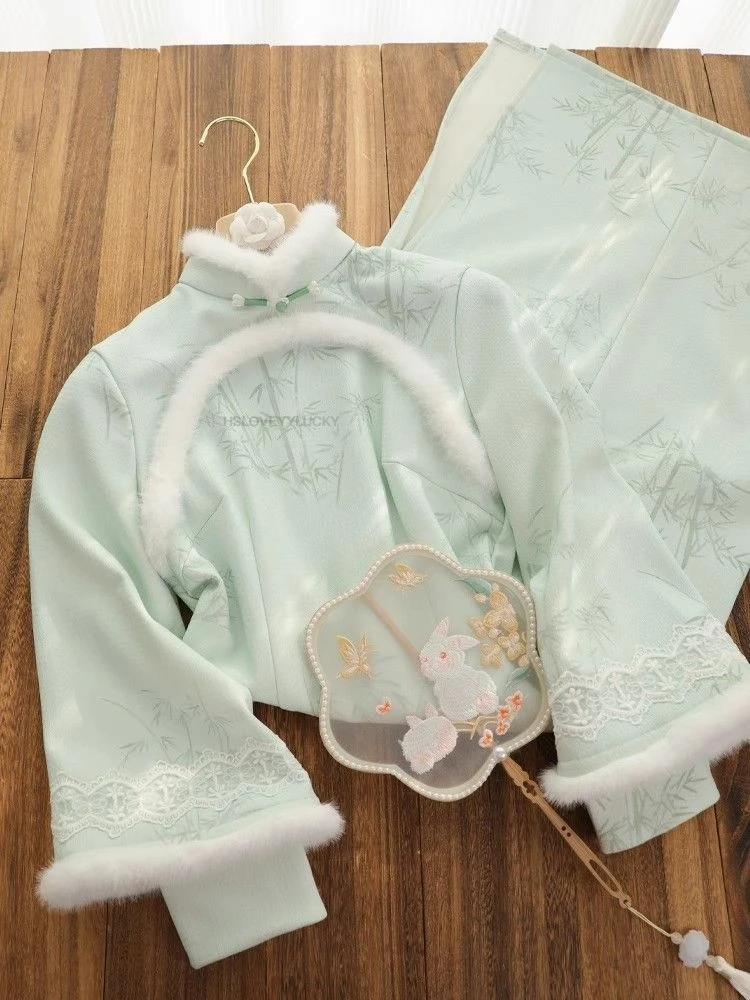 

Зимнее плюшевое утепленное зеленое платье Cheongsam с большими рукавами, новое современное платье Ципао с принтом бамбуковых листьев в китайском стиле, длинные платья