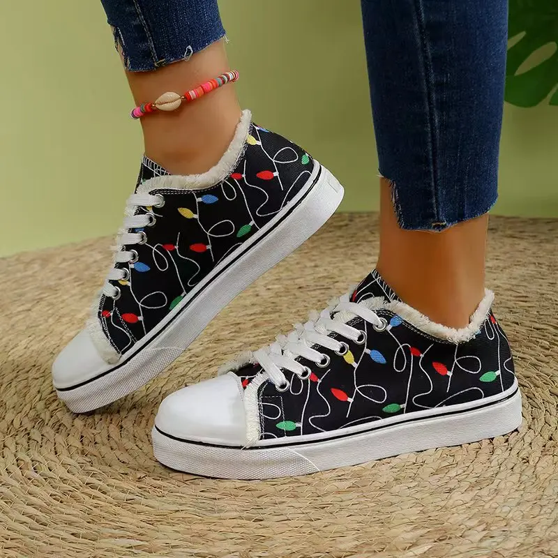 Women Fashion Canvas Casual Shoes Plus Size 43 Sneakers Woman Platform Cartoon Graffiti Sport Shoes Female Lace Up Tennis Shoes