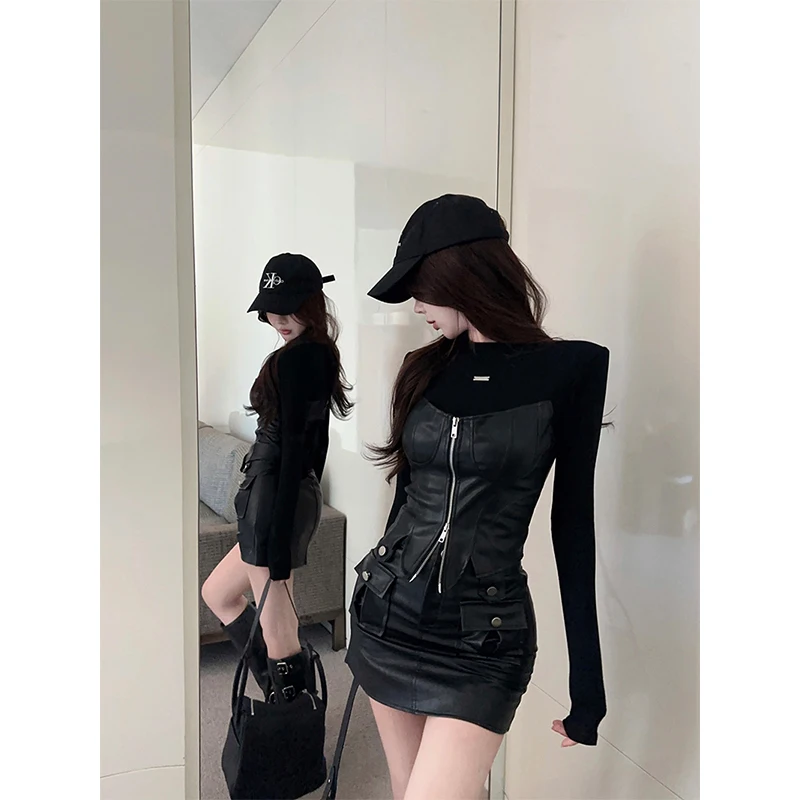 Y2K Pu Leather T Shirts Women Fake Two Pieces Patchwork Crop Tops Streetwear Sexy Club Black Long Sleeve Zipper Bodycon Tees New