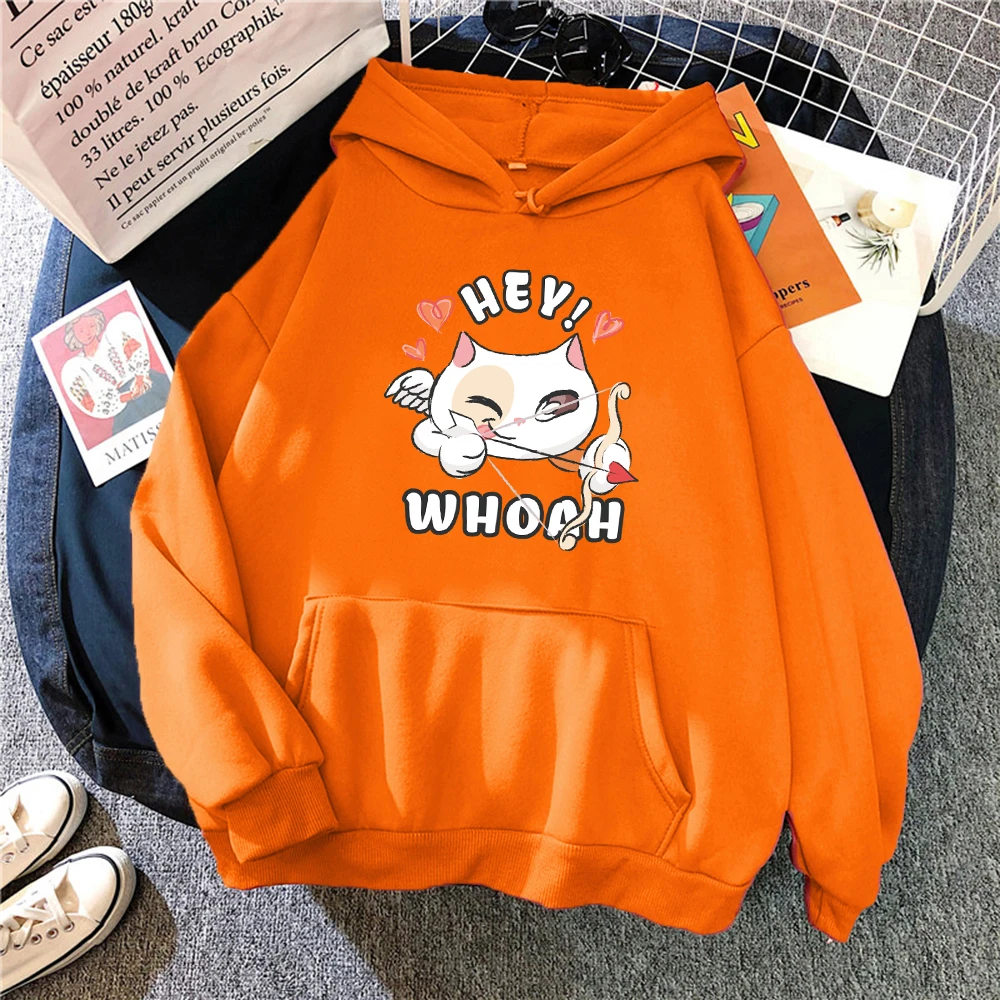 Hey Hoodie motif kucing mencintai wanita Hoodie saku kepribadian wanita Hoodie bulu domba mode pullover Hip Hop pakaian hangat uniseks