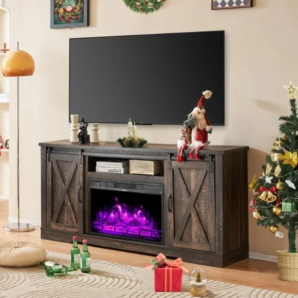 Lareira TV Stand com porta de celeiro deslizante, Farmhouse Entertainment Center, 63 ", TVs até 73"