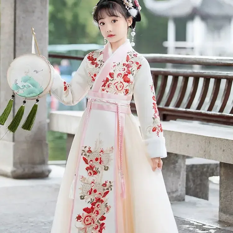 Hanfu ชุดเดรสปาร์ตี้แบบเย็บปักกำมะหยี่สำหรับเด็ก, ชุดจีนอบอุ่นสำหรับฤดูหนาวพร้อมผ้าคลุมชุดตรุษจีน