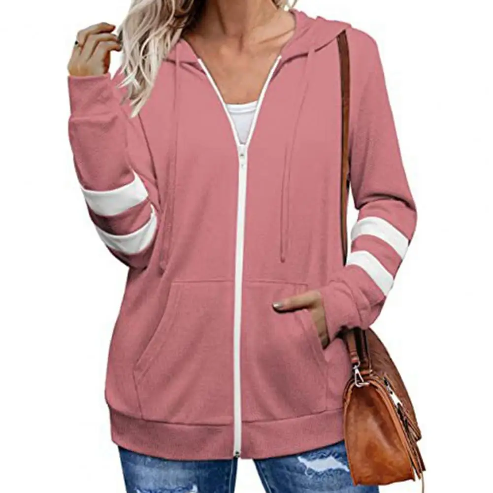 Drawstring Long Sleeves Pockets Zipper Closure Sweatshirt Jacket Spring Autumn Patchwork Color Women Hoodie Coat Women Clothing