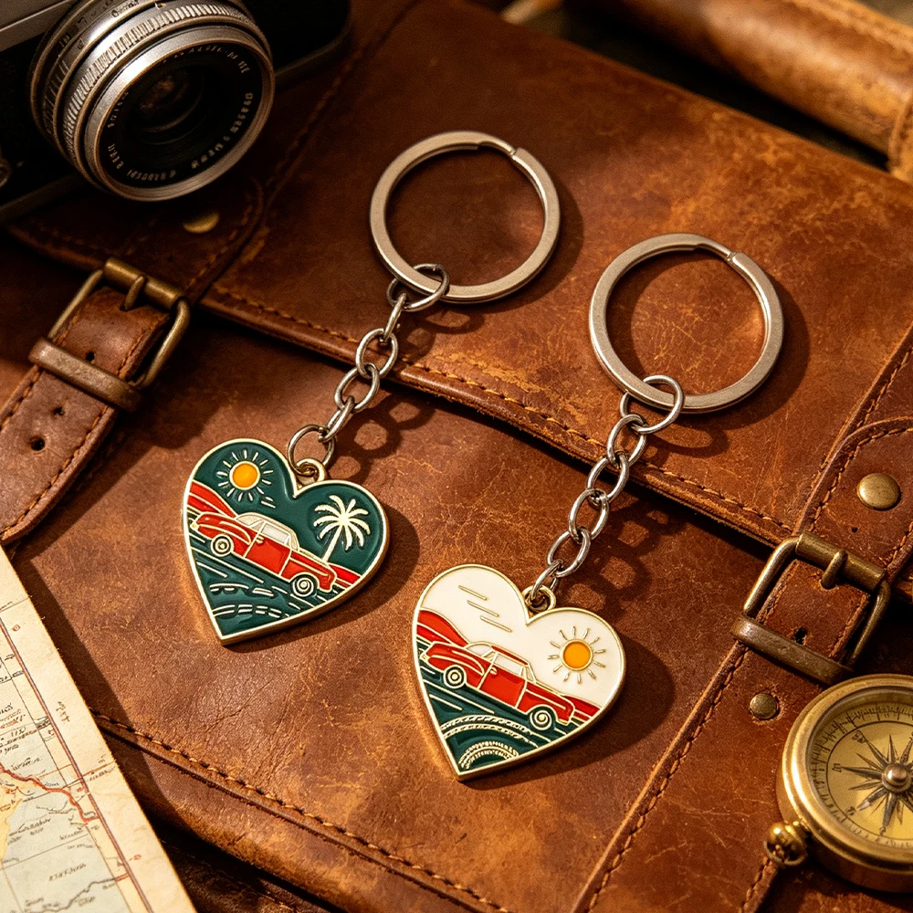 Vintage Highway Heart Oil Drop Keychain Set Island Car Scenery Heart-Shaped Pendant Couple Backpack Decoration Creative Gift