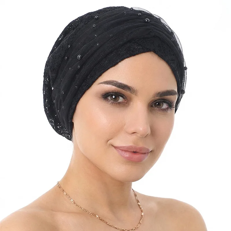 

New Cotton Muslim Hijab Turban Cap Elegant Beaded Mesh Hollow-out Chemo Beanies Caps African Headwrap Bonnet Cancer Bandanas