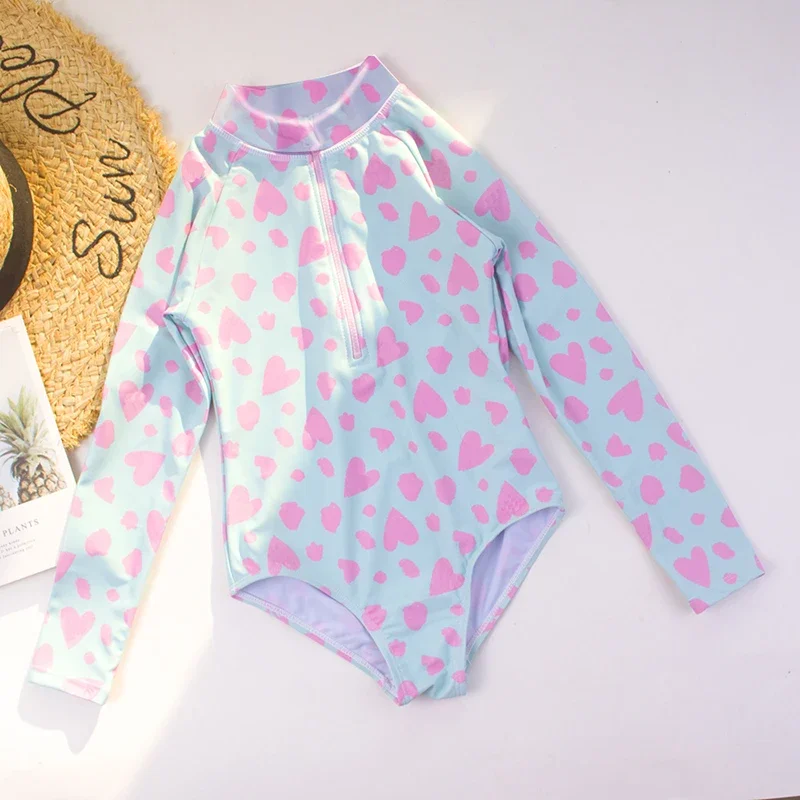 2024 New Children Swimwear Girl Long Sleeve One Piece Suit Lovely Sun-proof Beach Swimsuit Zipper Maillot De Bain Femme