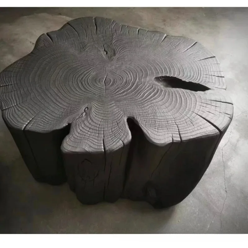 Wabi Sansan wind carbonized wood pier black solid wood log stump flower stand base B & B solid wood stump root carving stool