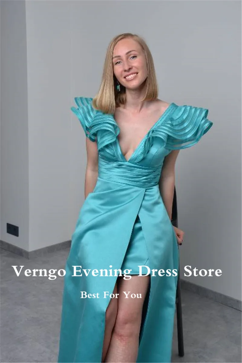 Verngo-vestido de noche de satén para mujer, traje moderno de corte en A, con mangas casquillo, cuello en V, abertura lateral, largo, para fiesta de graduación, para ocasiones especiales, color verde, 2023