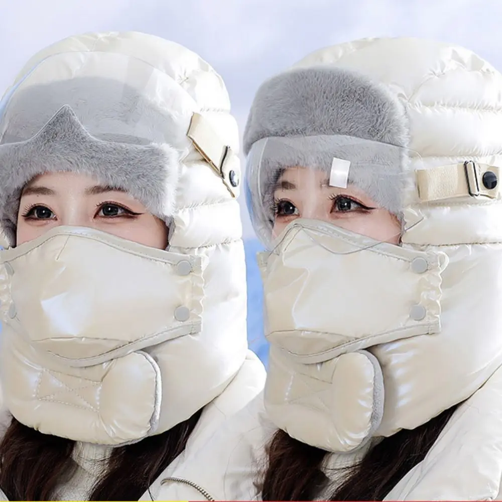 

3pcs/Set Russian Ushanka Winter Plush Hats with Goggles Hood Cap Cycling Windproof Cap Thickening Padded Hood Beanies