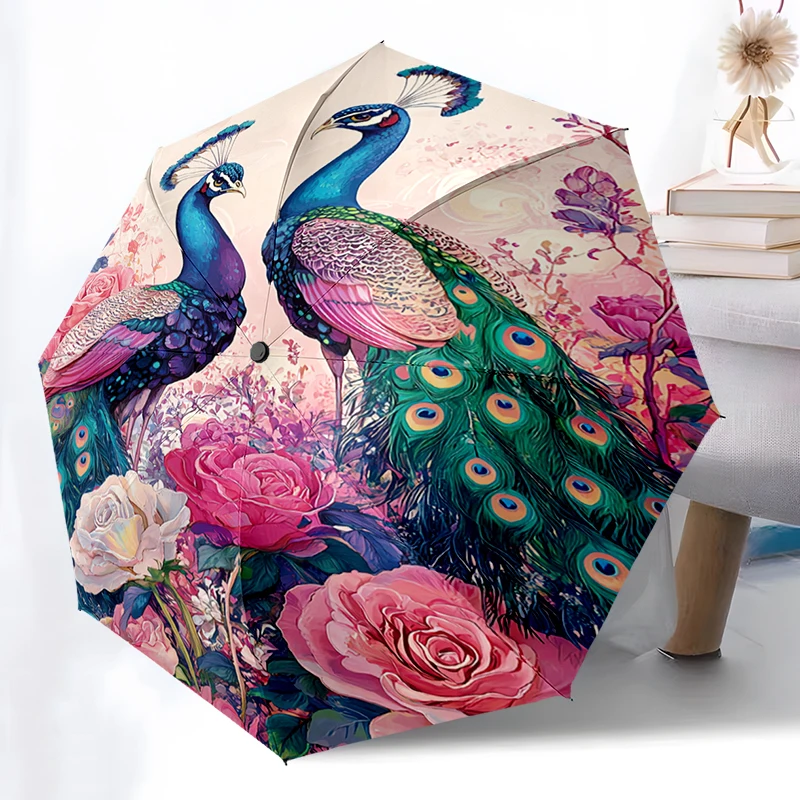 Luxury Peacock Umbrella Automatic Open/close, Sturdy Iron Frame & 8-Rib Structure, Umbrella for Women & Men, Christmas Gifts