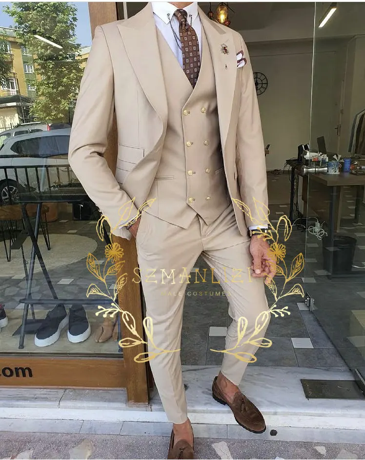 

Latest Designs Beige Men Suit Formal Slim Fit Groom Tuxedo 3 Pieces Wedding Business Suits Sets Terno Masculino Jacket+Vest+Pant