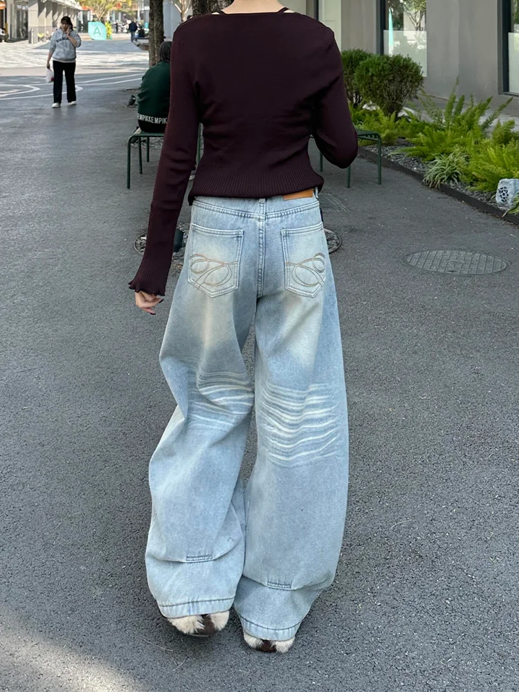 

American Retro Embroidered Straight Leg Jeans Women's plus Size High Waist Loose Slimming Floor-Length Wide Leg Pants