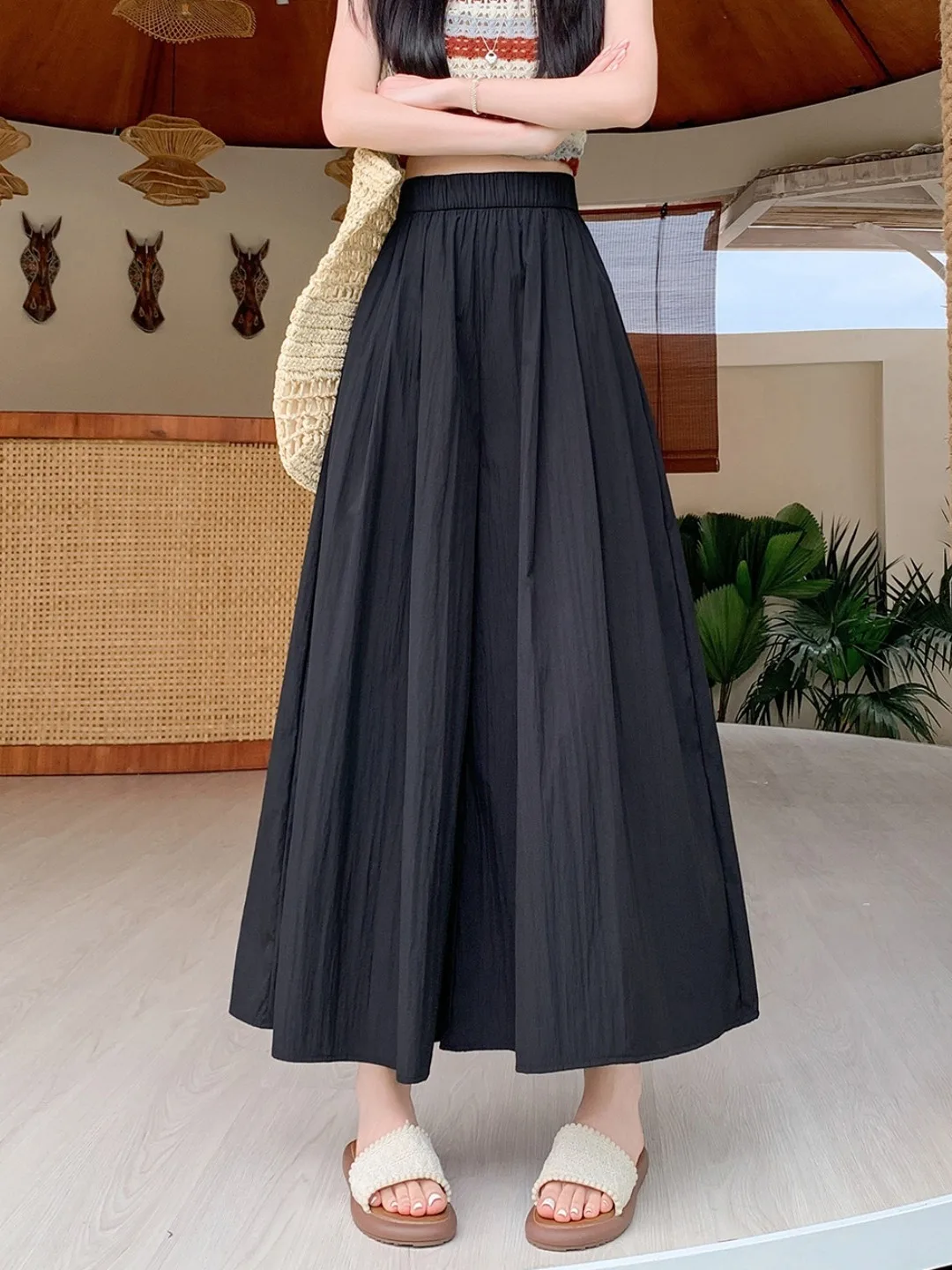plus Size Summer Casual Pants Women's High Waist Wide Leg Skirt Pants Slimming Versatile Hip Covering Lazy Minimalist Style