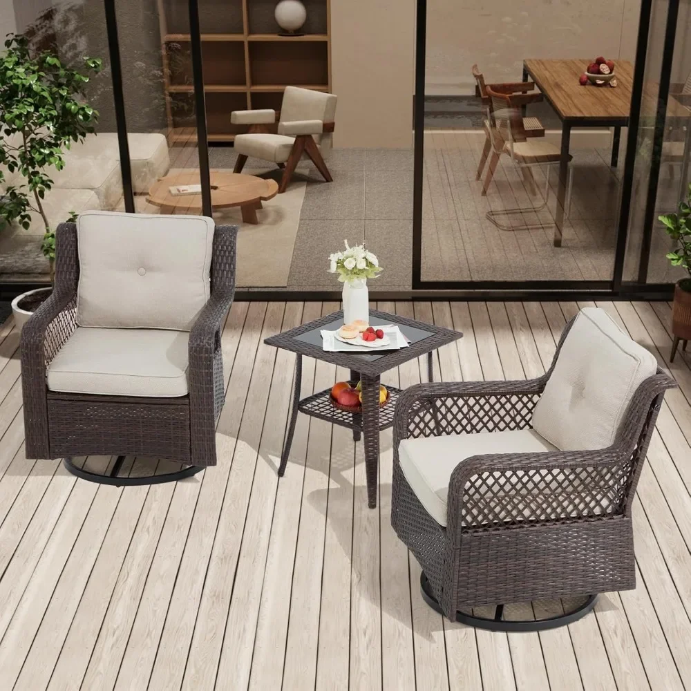 

3 Pieces Outdoor Swivel Chair, Wicker Patio Bistro Set with Rocking Chair, Side Table for Garden Porch Backyard