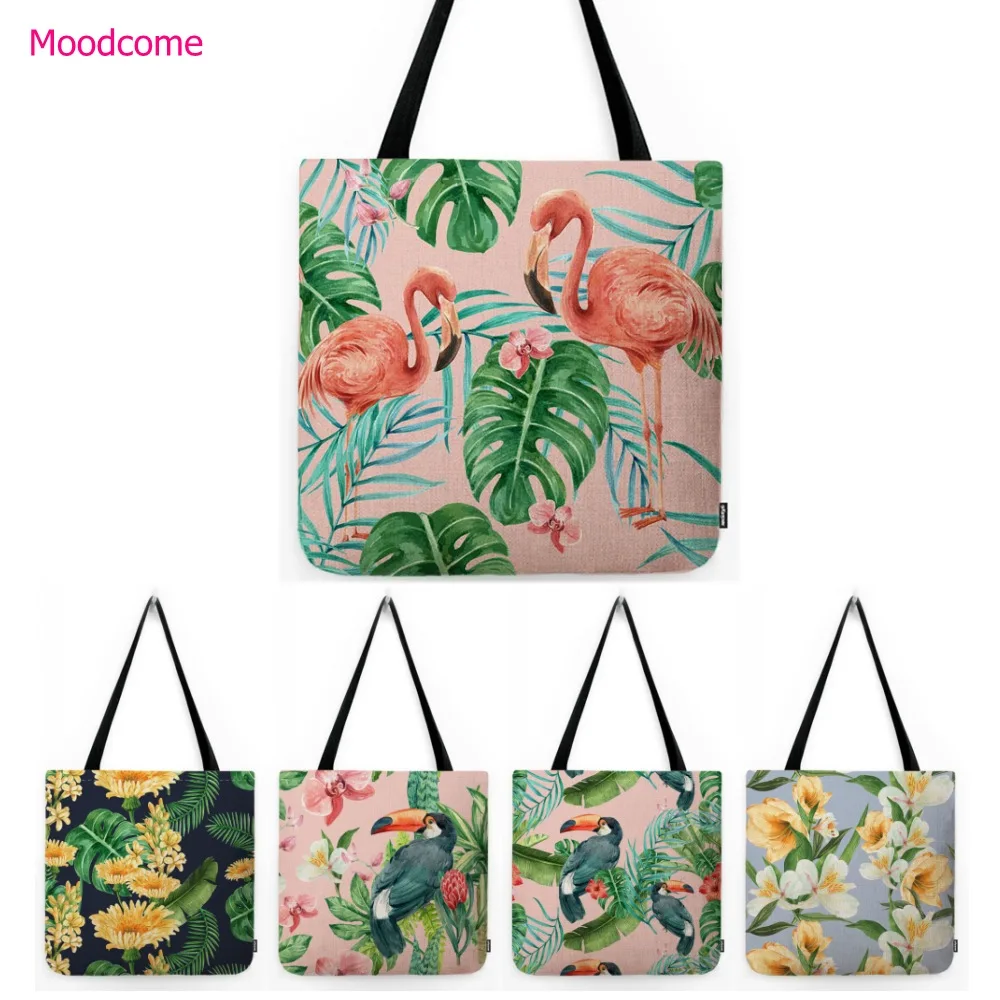 Pink Tropical Plant Flower Flamingo Bird Toco Birds Jungle Palm Summer Beach Bag Water Resistant Cotton Linen Shoulder Tote Bag