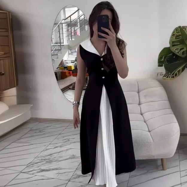 Novelty Woman Dress 2024 Flip Collar Fashionable Contrasting Color Sleeveless Long Elegant Dress Casual Women's Dresses