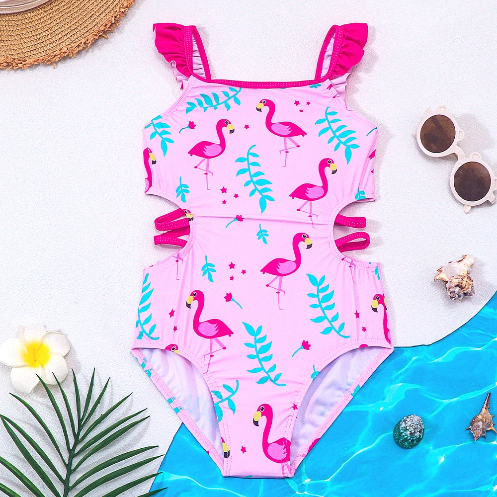 Trajes de Baño de una Pieza para Niñas, Diseño Deportivo de Flamenco, Traje de Baño Infantil Bonito para Playa, Secado Rápido