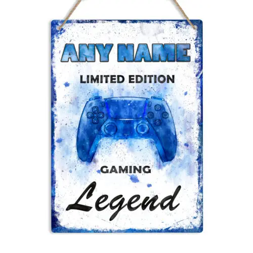 Personalised Name GAMING LEGEND Blue Metal Wall Sign Door Plaque PS5 Gamer Gift