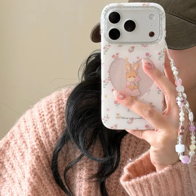 

Korean Hollow Love Rabbit Flower Phone Case For iPhone 17 Pro 14 15 16 Pro Max Cover with Chain Strap Shockproof Cute Cases Fund