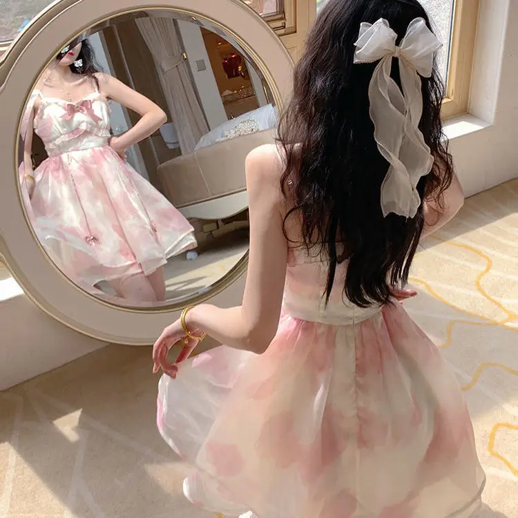 Sommer süße Schlinge Mini kleid für Frauen Sommer Bowknot Spaghetti träger ärmelloses Rüschen kleid koreanische süße Urlaub Party kleid