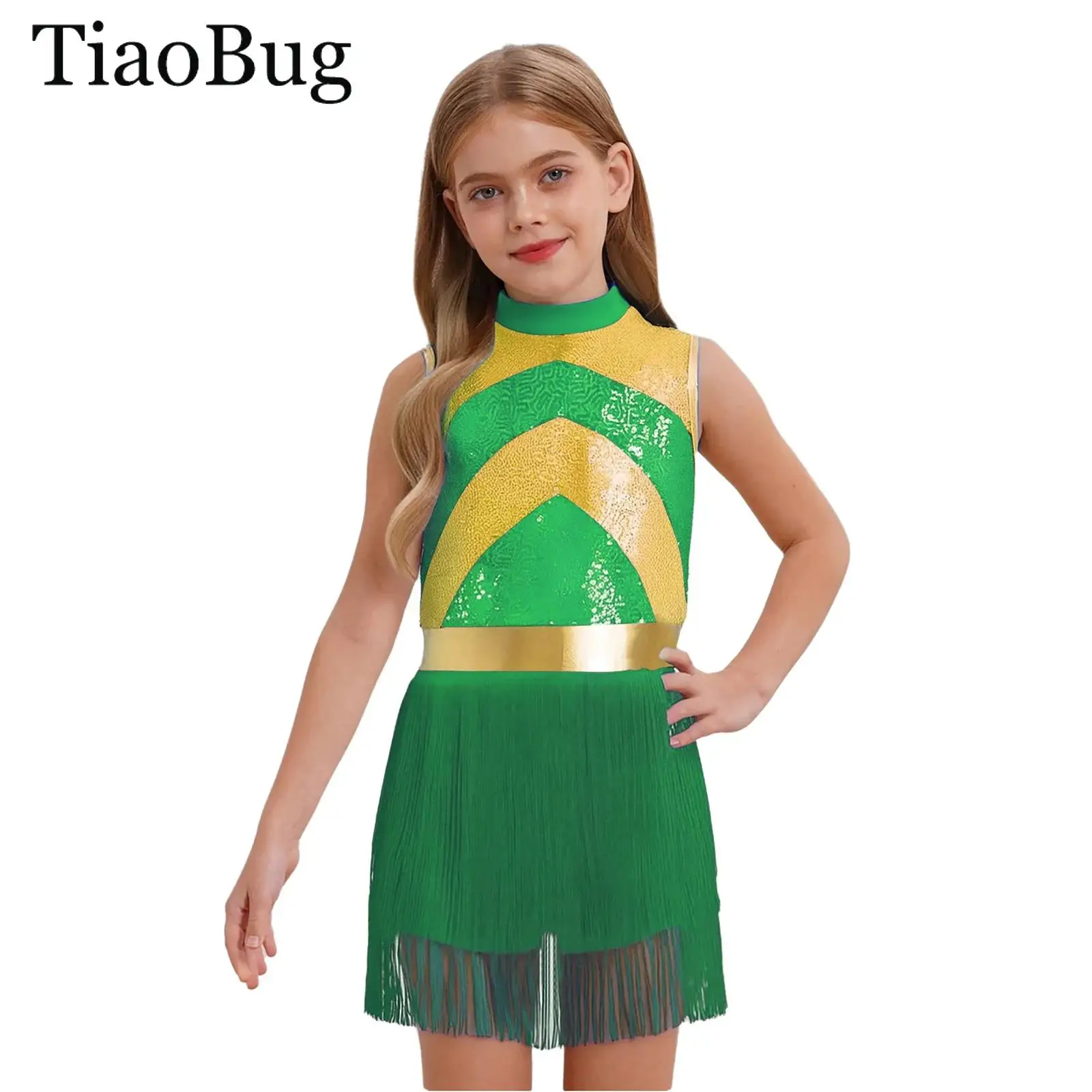 

Girls Tassels Latin Dance Leotard Dress Sleeveless Fringe Bodysuit Sequin Gymnastic Skating Jazz Samba Dance Performance Clothes